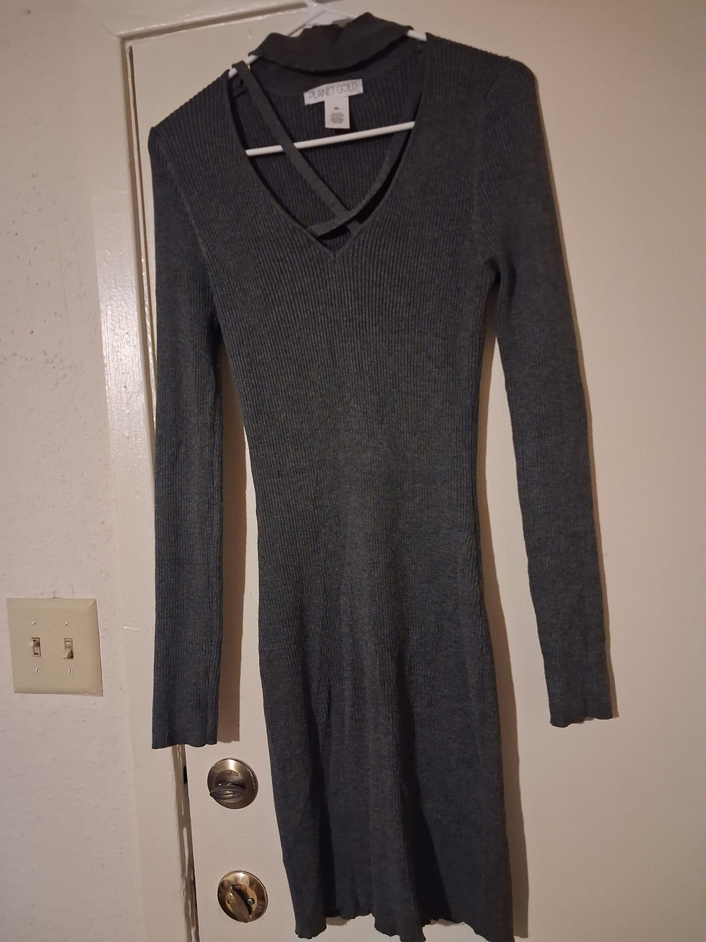 Ribbed Long Sleeve V-Neck Knit Dress - Gray Size Xl